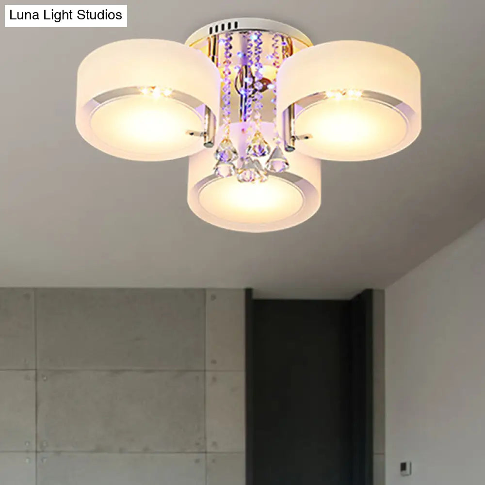 Modern Drum Flush Mount With Frosted Glass & Crystal Drop - 3/5/6 Head White Ceiling Light