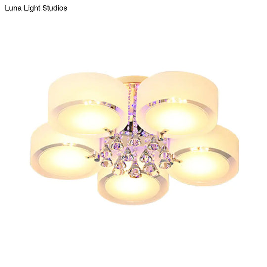 Modern Drum Flush Mount With Frosted Glass & Crystal Drop - 3/5/6 Head White Ceiling Light