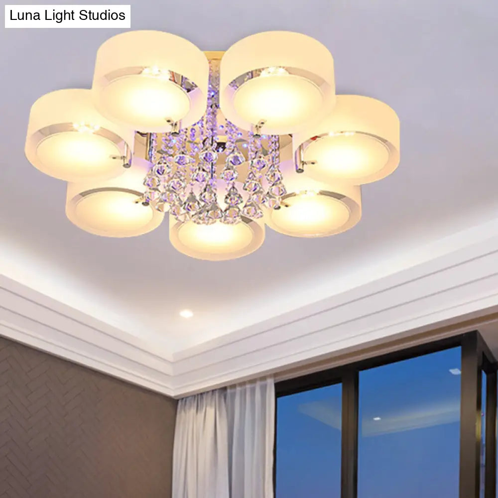 Modern Drum Flush Mount With Frosted Glass & Crystal Drop - 3/5/6 Head White Ceiling Light