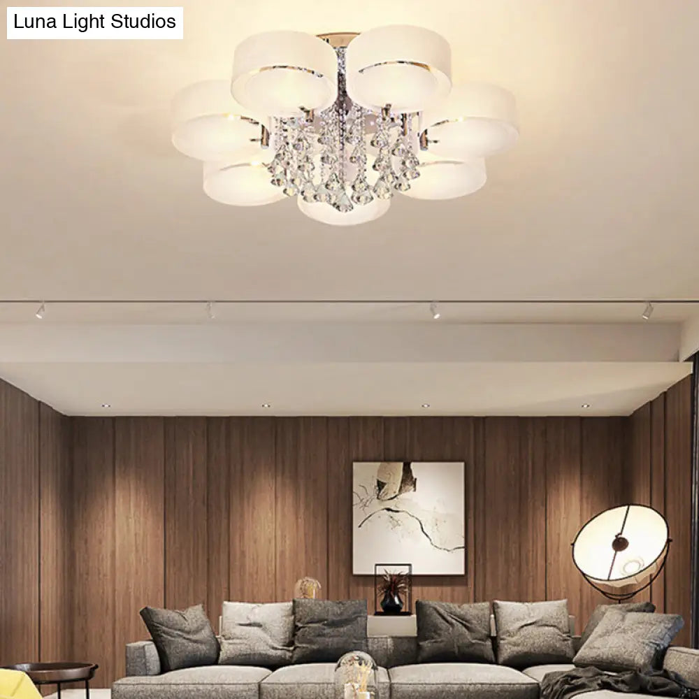 Modern Drum Flush Mount With Frosted Glass & Crystal Drop - 3/5/6 Head White Ceiling Light