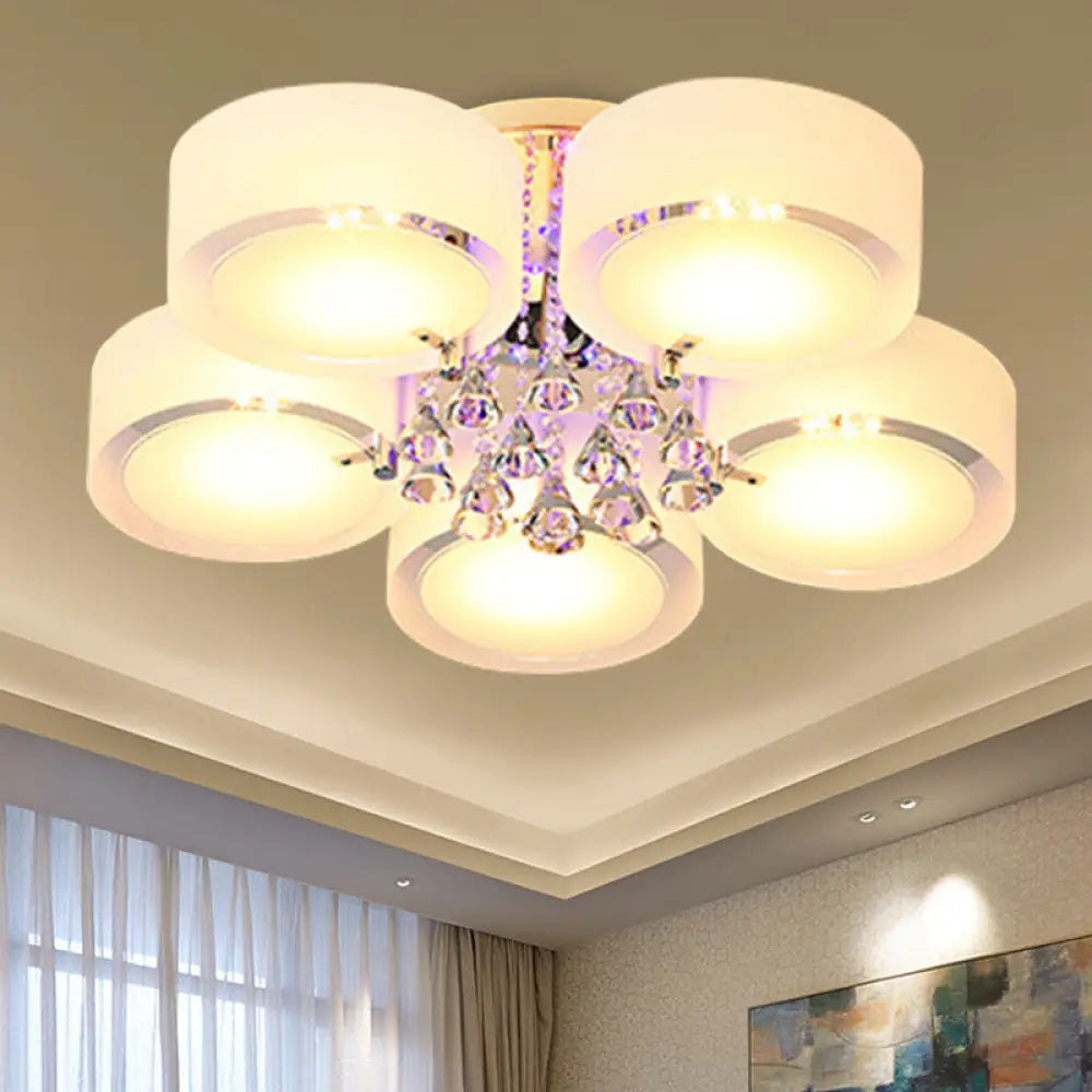 Modern Drum Flush Mount With Frosted Glass & Crystal Drop - 3/5/6 Head White Ceiling Light 5 /