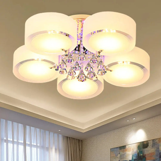 Modern Drum Flush Mount With Frosted Glass & Crystal Drop - 3/5/6 Head White Ceiling Light 5 /