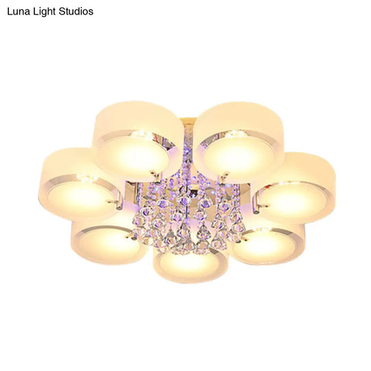 Modern Drum Flush Mount With Frosted Glass & Crystal Drop - 3/5/6 Head White Ceiling Light