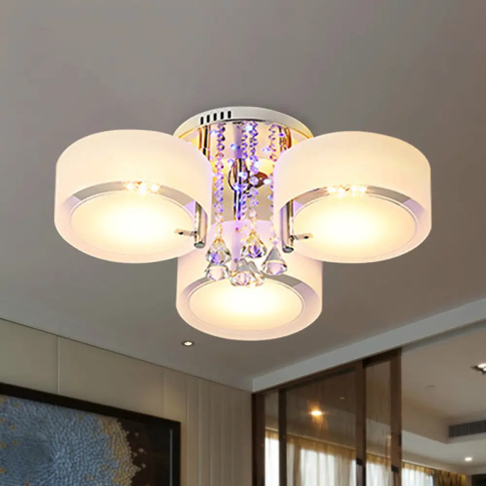 Modern Drum Flush Mount With Frosted Glass & Crystal Drop - 3/5/6 Head White Ceiling Light 3 /