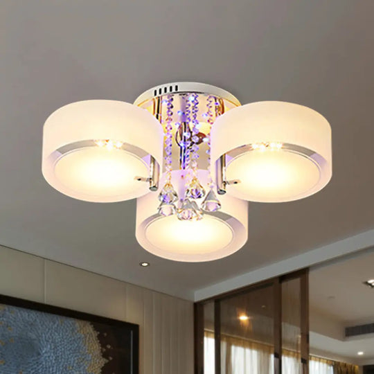 Modern Drum Flush Mount With Frosted Glass & Crystal Drop - 3/5/6 Head White Ceiling Light 3 /