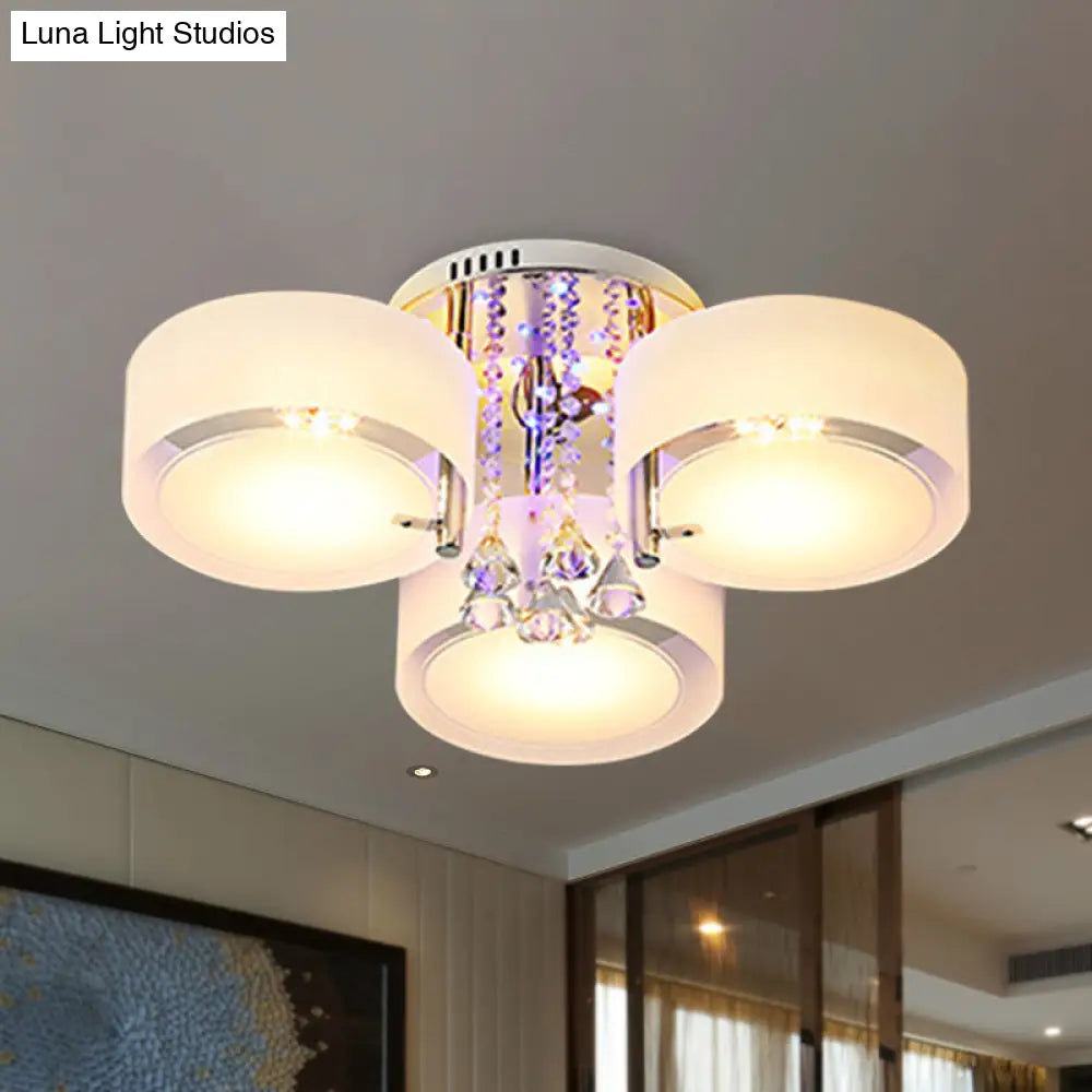 Modern Drum Flush Mount With Frosted Glass & Crystal Drop - 3/5/6 Head White Ceiling Light 3 /