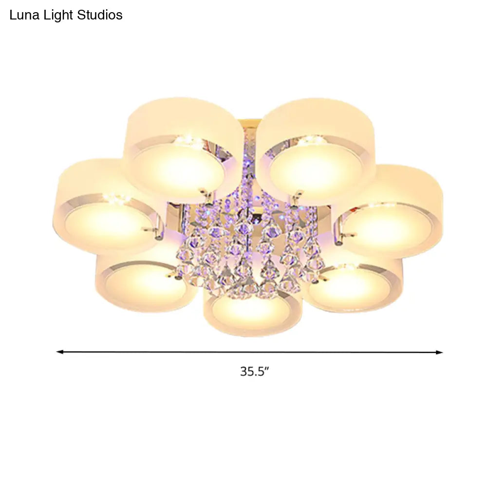 Modern Drum Flush Mount With Frosted Glass & Crystal Drop - 3/5/6 Head White Ceiling Light