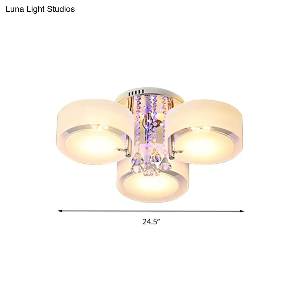 Modern Drum Flush Mount With Frosted Glass & Crystal Drop - 3/5/6 Head White Ceiling Light