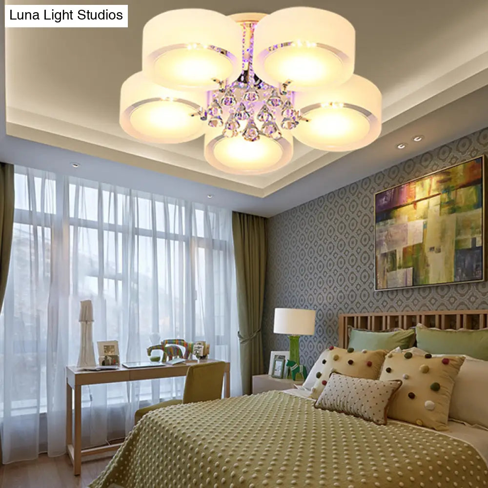 Modern Drum Flush Mount With Frosted Glass & Crystal Drop - 3/5/6 Head White Ceiling Light