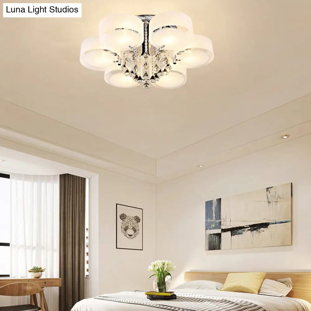 Modern Drum Flush Mount With Frosted Glass & Crystal Drop - 3/5/6 Head White Ceiling Light