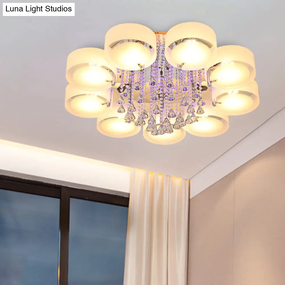 Modern Drum Flush Mount With Frosted Glass & Crystal Drop - 3/5/6 Head White Ceiling Light