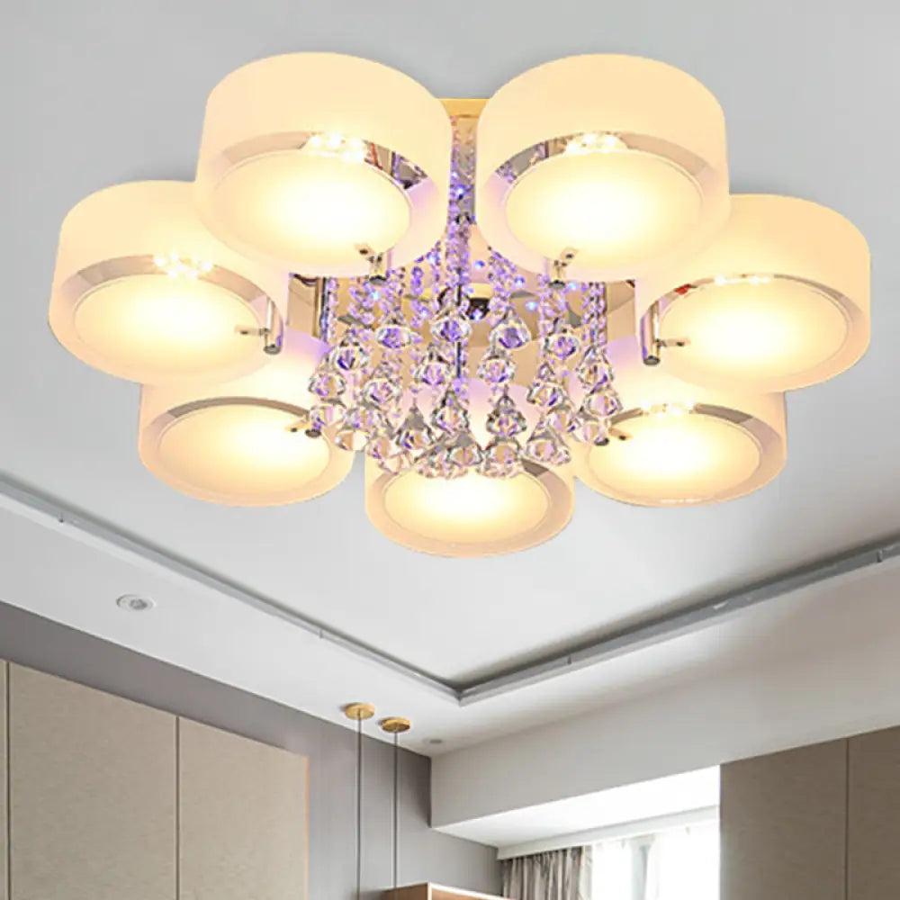 Modern Drum Flush Mount With Frosted Glass & Crystal Drop - 3/5/6 Head White Ceiling Light 7 /