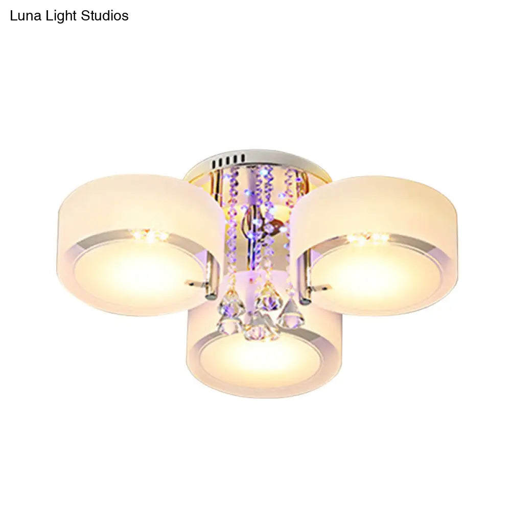 Modern Drum Flush Mount With Frosted Glass & Crystal Drop - 3/5/6 Head White Ceiling Light