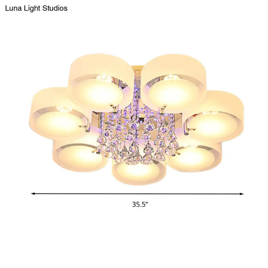 Modern Drum Flush Mount With Frosted Glass & Crystal Drop - 3/5/6 Head White Ceiling Light