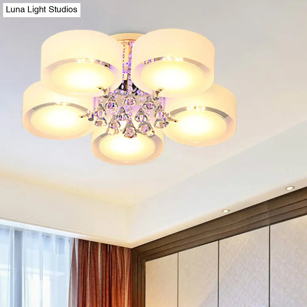 Modern Drum Flush Mount With Frosted Glass & Crystal Drop - 3/5/6 Head White Ceiling Light