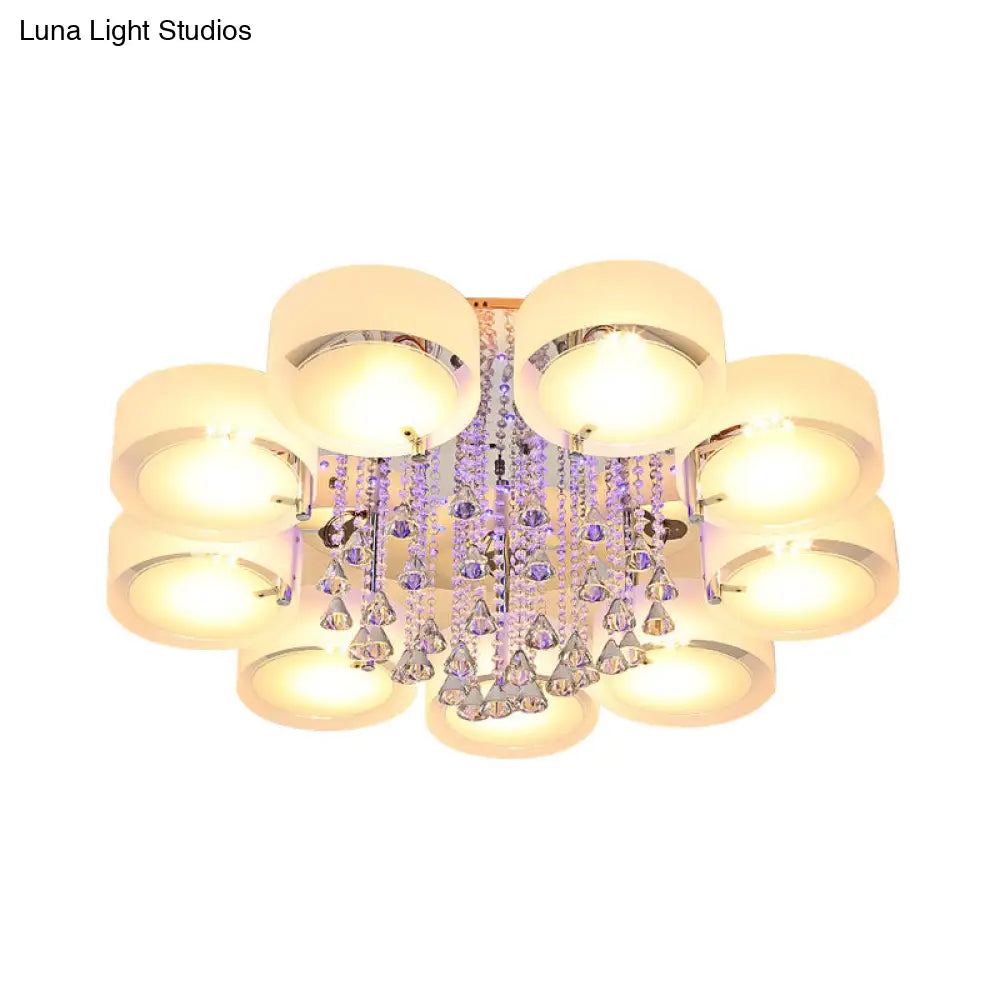 Modern Drum Flush Mount With Frosted Glass & Crystal Drop - 3/5/6 Head White Ceiling Light