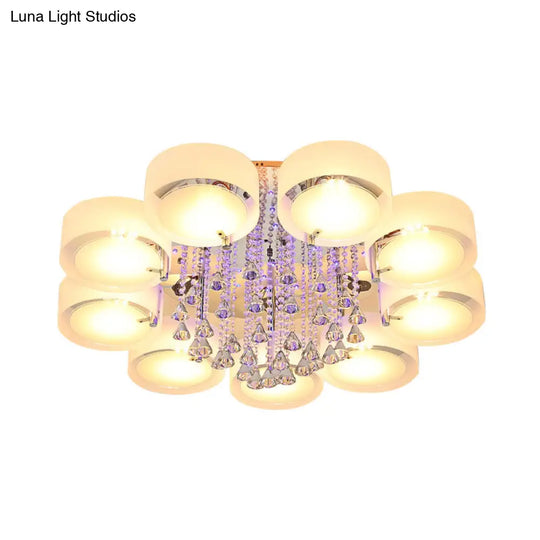 Modern Drum Flush Mount With Frosted Glass & Crystal Drop - 3/5/6 Head White Ceiling Light