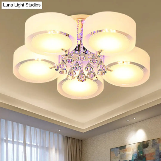 Modern Drum Flush Mount With Frosted Glass & Crystal Drop - 3/5/6 Head White Ceiling Light 5 /