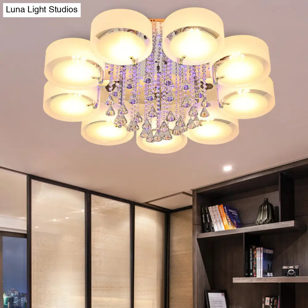 Modern Drum Flush Mount With Frosted Glass & Crystal Drop - 3/5/6 Head White Ceiling Light