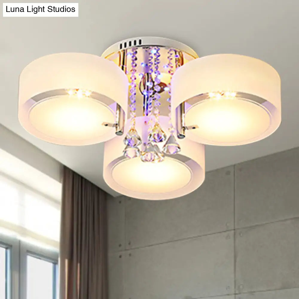 Modern Drum Flush Mount With Frosted Glass & Crystal Drop - 3/5/6 Head White Ceiling Light