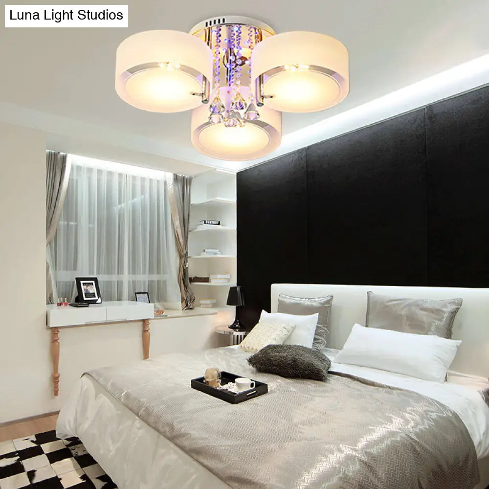 Modern Drum Flush Mount With Frosted Glass & Crystal Drop - 3/5/6 Head White Ceiling Light