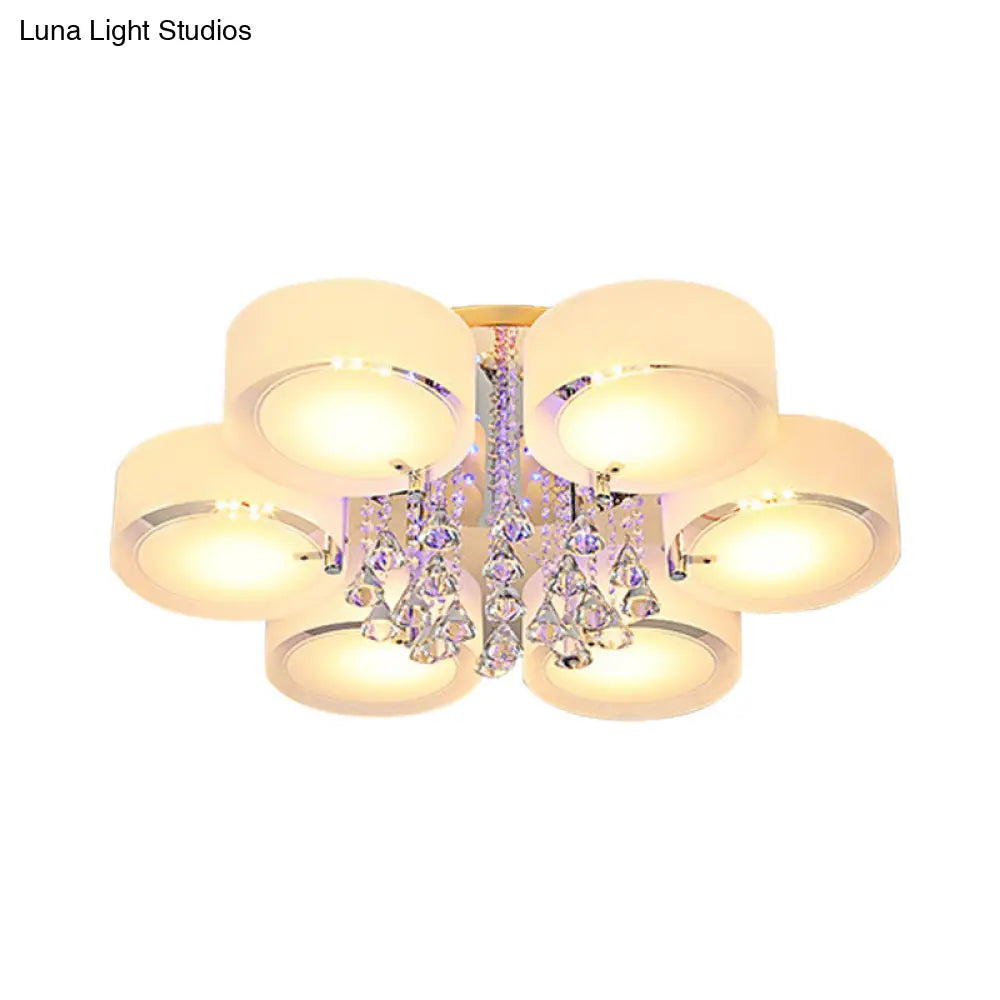 Modern Drum Flush Mount With Frosted Glass & Crystal Drop - 3/5/6 Head White Ceiling Light