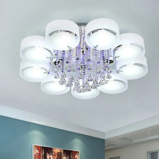 Modern Drum Flush Mount With Frosted Glass & Crystal Drop - 3/5/6 Head White Ceiling Light 9 /