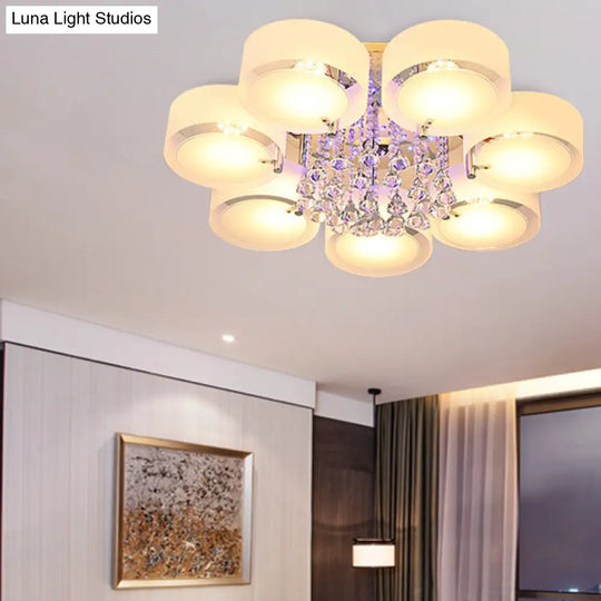 Modern Drum Flush Mount With Frosted Glass & Crystal Drop - 3/5/6 Head White Ceiling Light