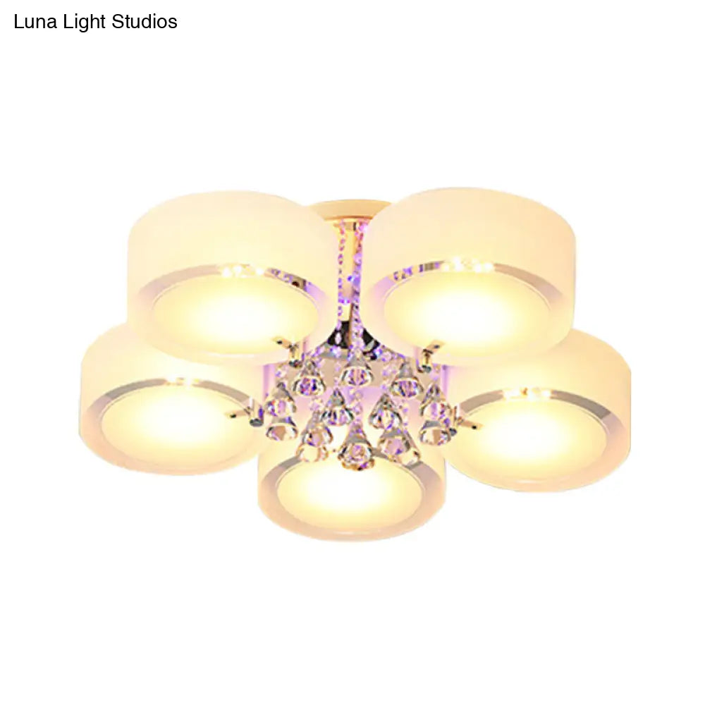 Modern Drum Flush Mount With Frosted Glass & Crystal Drop - 3/5/6 Head White Ceiling Light