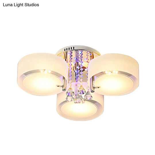 Modern Drum Flush Mount With Frosted Glass & Crystal Drop - 3/5/6 Head White Ceiling Light