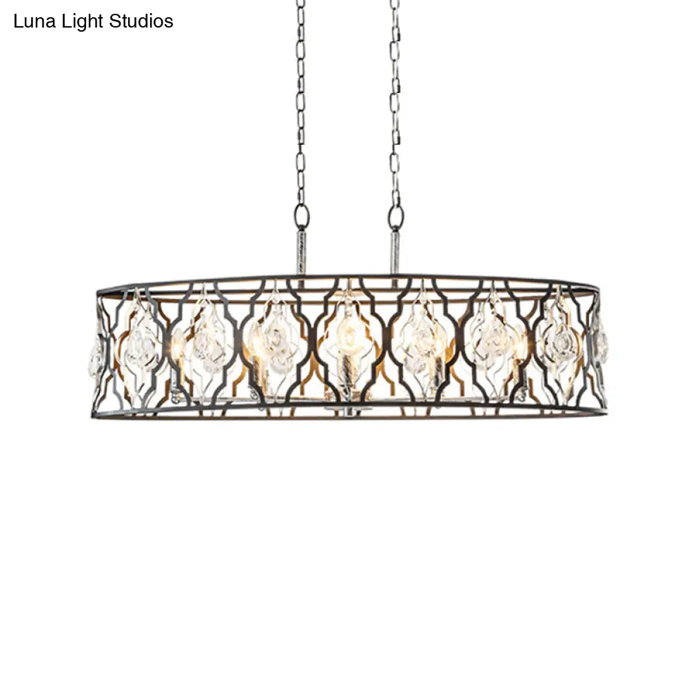 Modern Drum Frame Island Pendant Light | Black Metal With Crystal Block Accent 8 Bulbs Suspension