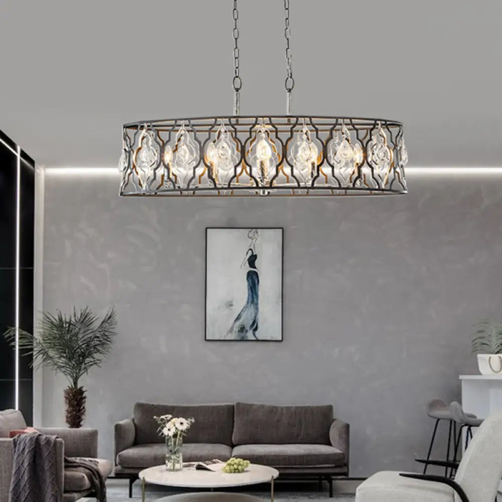 Modern Drum Frame Island Pendant Light | Black Metal With Crystal Block Accent 8 Bulbs Suspension