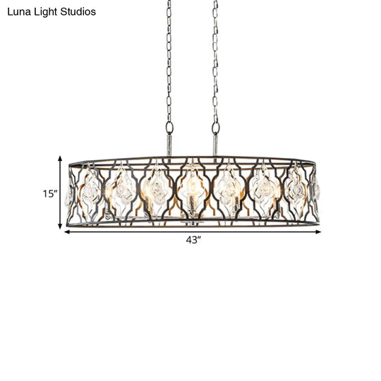 Modern Drum Frame Island Pendant Light | Black Metal With Crystal Block Accent 8 Bulbs Suspension