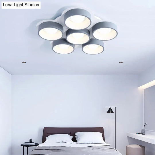 Modern Drum Led Ceiling Lamp - 4/6 Lights Metal 21.5’/32.5’ W Grey Bedroom Flush Mount Lighting