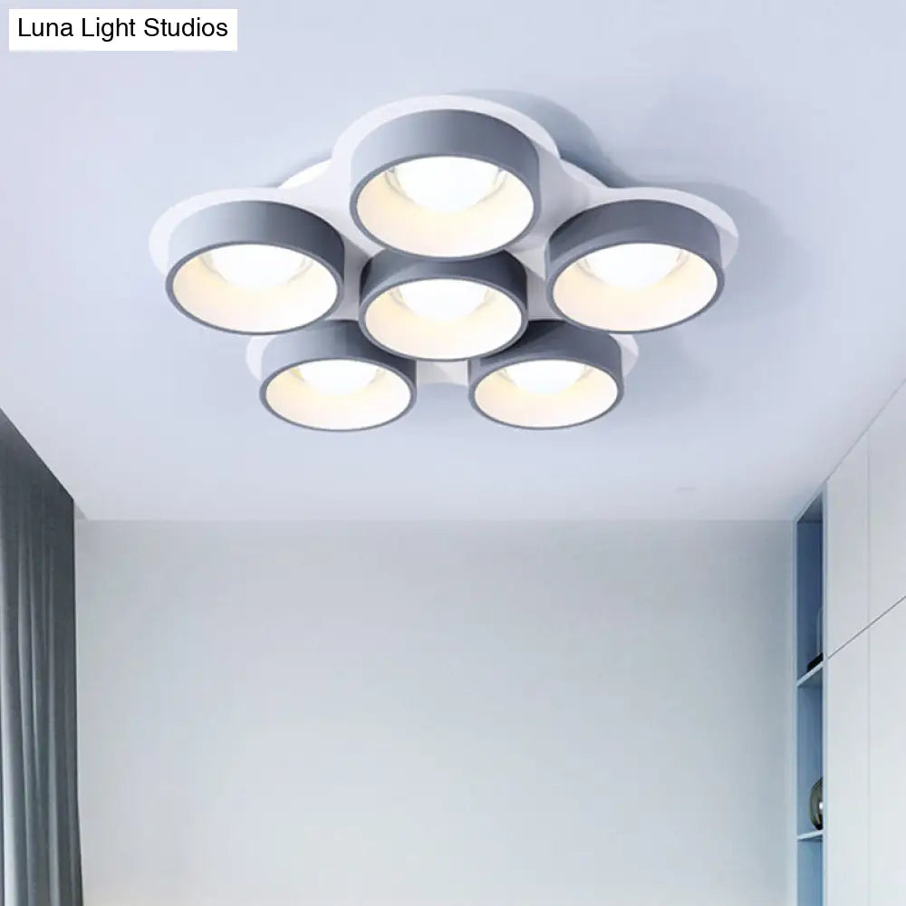 Modern Drum Led Ceiling Lamp - 4/6 Lights Metal 21.5’/32.5’ W Grey Bedroom Flush Mount Lighting