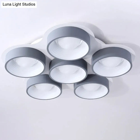 Modern Drum Led Ceiling Lamp - 4/6 Lights Metal 21.5’/32.5’ W Grey Bedroom Flush Mount Lighting