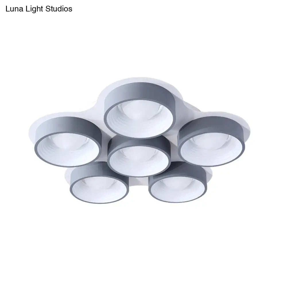 Modern Drum Led Ceiling Lamp - 4/6 Lights Metal 21.5’/32.5’ W Grey Bedroom Flush Mount Lighting