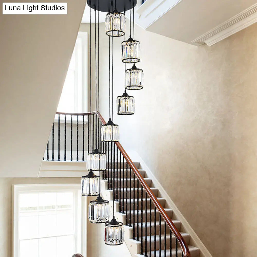 Modern Drum Pendant Crystal Staircase Lighting In Black - Multi Light & Tri-Prism Design 9 /