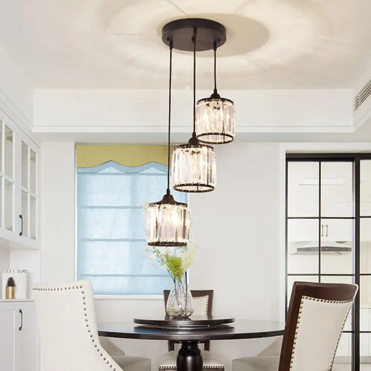 Modern Drum Multi-Light Pendant With Tri-Prism Crystal Staircase Hanging Lighting In Black 3 /