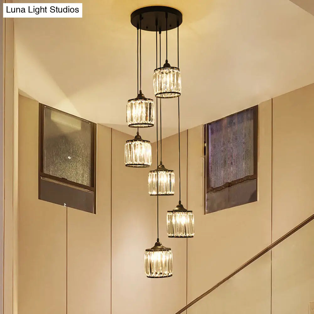 Modern Drum Pendant Crystal Staircase Lighting In Black - Multi Light & Tri-Prism Design