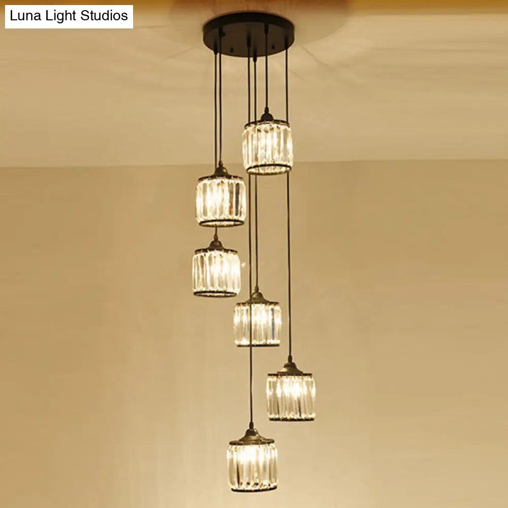 Modern Drum Pendant Crystal Staircase Lighting In Black - Multi Light & Tri-Prism Design 6 /