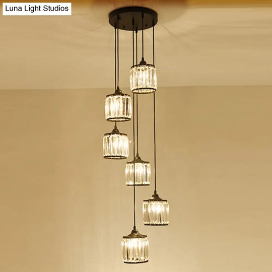 Modern Drum Pendant Crystal Staircase Lighting In Black - Multi Light & Tri-Prism Design 6 /