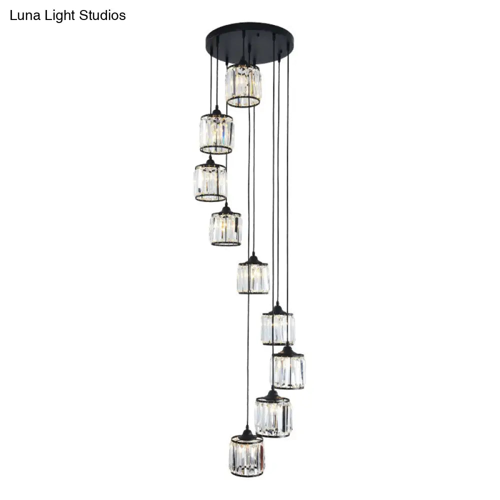 Modern Drum Multi-Light Pendant With Tri-Prism Crystal Staircase Hanging Lighting In Black