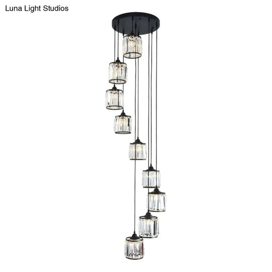 Modern Drum Multi-Light Pendant With Tri-Prism Crystal Staircase Hanging Lighting In Black