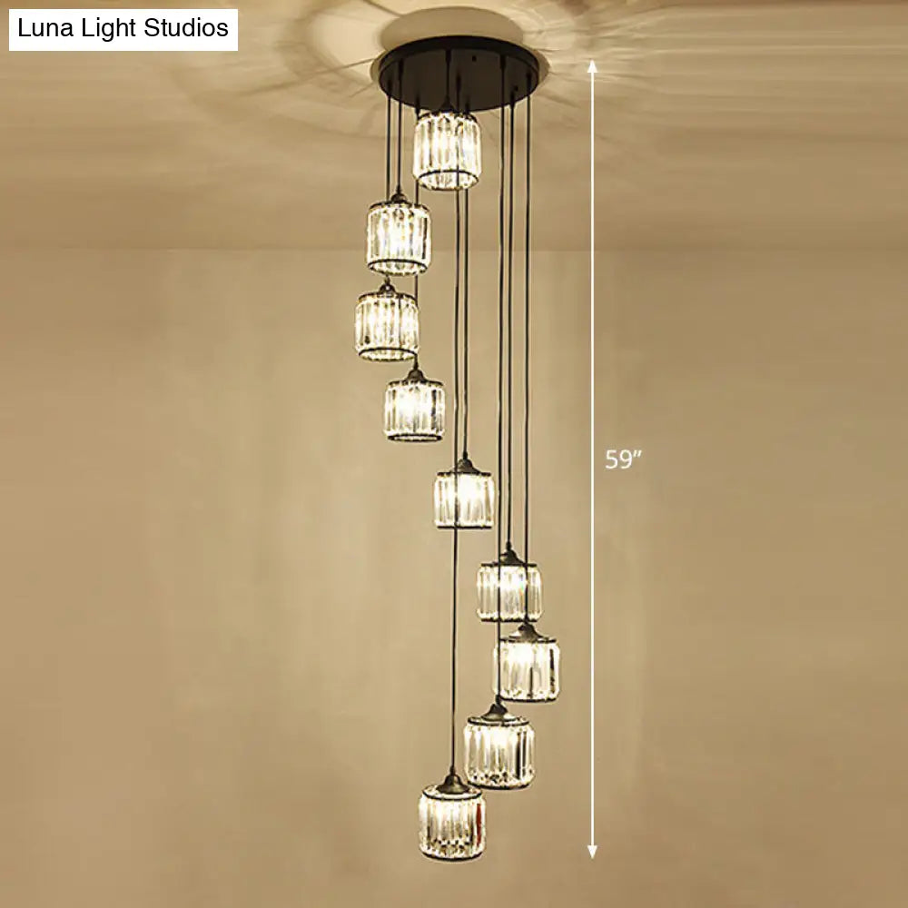 Modern Drum Multi-Light Pendant With Tri-Prism Crystal Staircase Hanging Lighting In Black