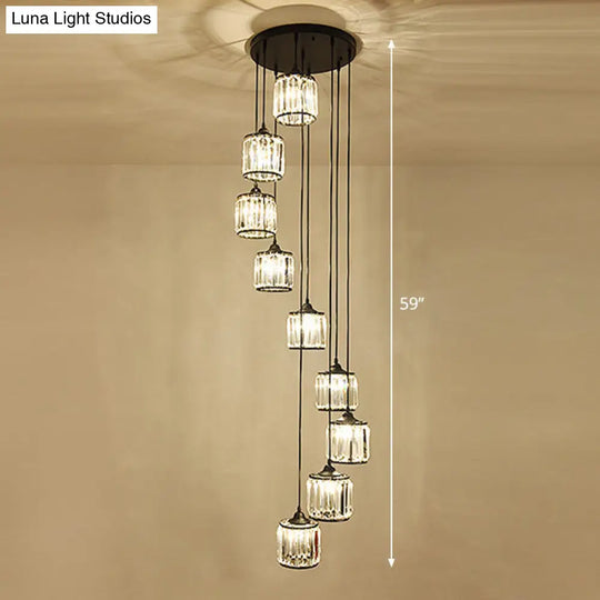 Modern Drum Multi-Light Pendant With Tri-Prism Crystal Staircase Hanging Lighting In Black