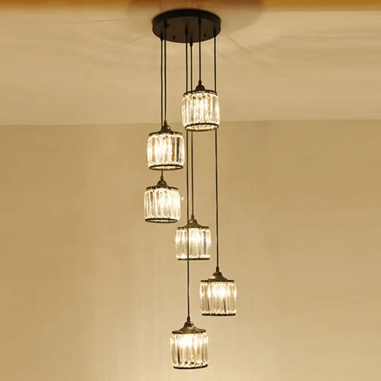 Modern Drum Multi-Light Pendant With Tri-Prism Crystal Staircase Hanging Lighting In Black 6 /