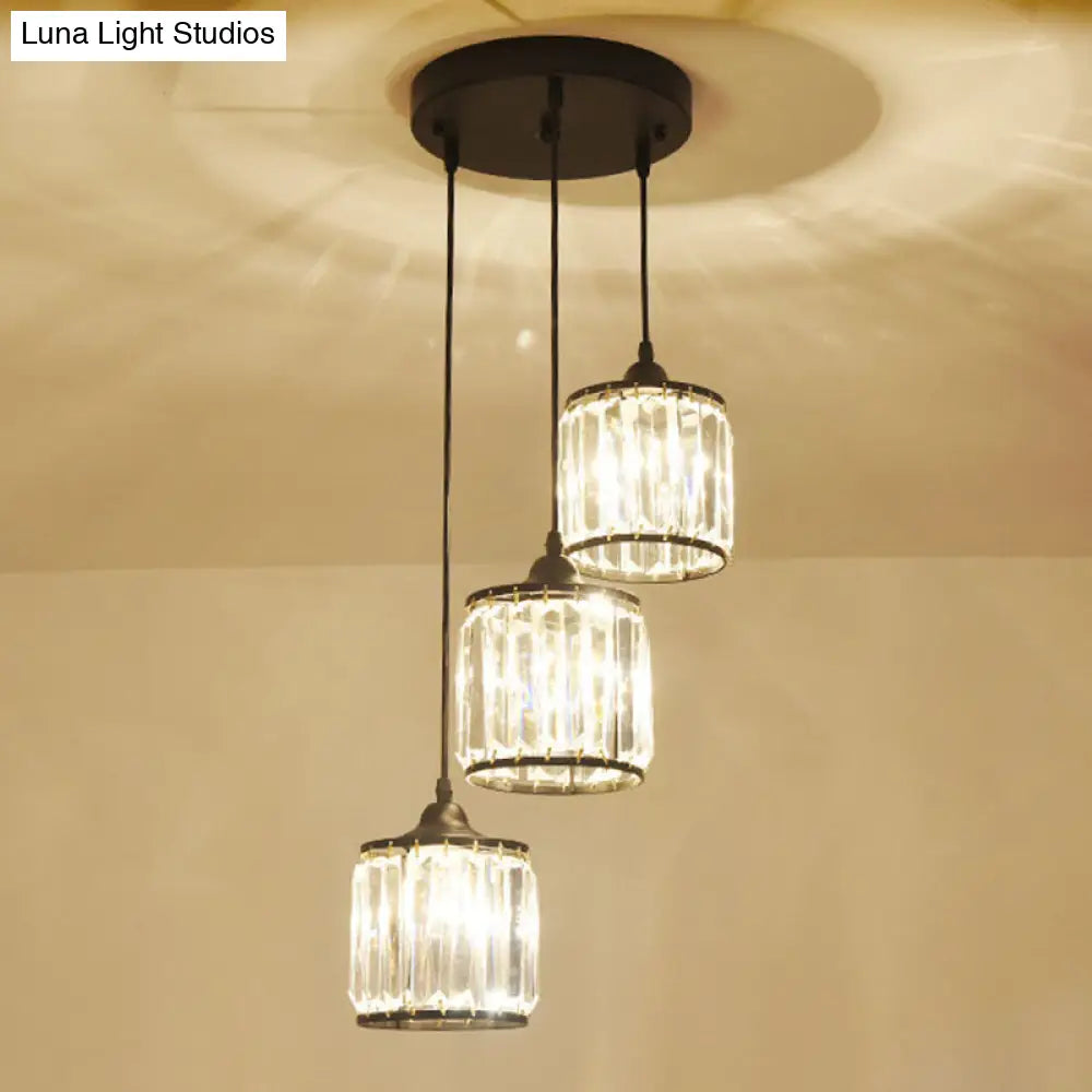 Modern Drum Multi-Light Pendant With Tri-Prism Crystal Staircase Hanging Lighting In Black