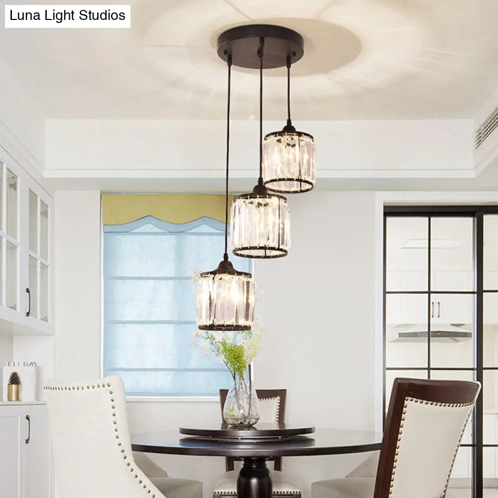 Modern Drum Pendant Crystal Staircase Lighting In Black - Multi Light & Tri-Prism Design 3 /