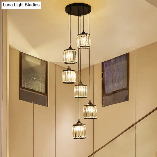 Modern Drum Multi-Light Pendant With Tri-Prism Crystal Staircase Hanging Lighting In Black